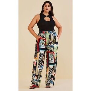 Micas Patchwork Print Wide Leg‎ Pants High Waist Bohemian Style Size XL